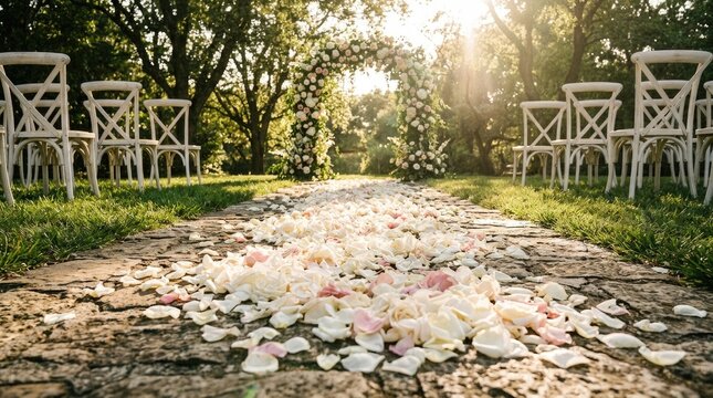 Garden outdoor wedding aisle strewn with flower petals and floral arch