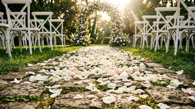 Garden outdoor wedding aisle strewn with flower petals and floral arch