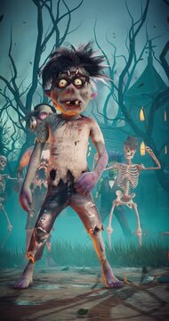 Halloween party. Funny zombies and spooky skeletons dancing in a scary gothic graveyard. 3D animated background for holiday cards, invitations, posters, events, parties