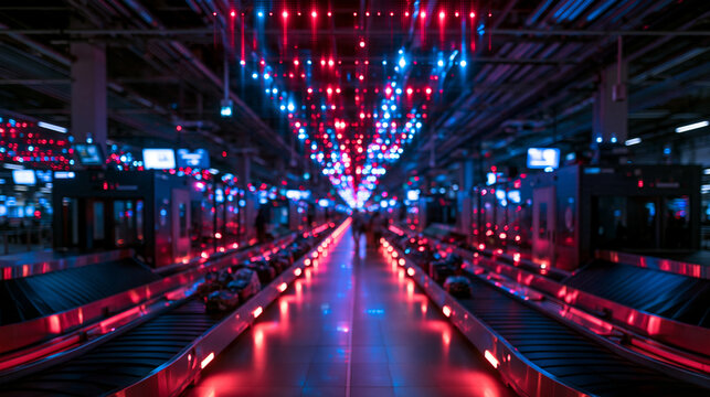 Futuristic Airport Baggage Claim Area with Neon Lighting