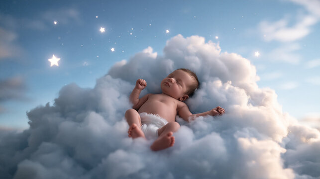 Newborn Baby Sleeping Peacefully on Soft Cloud with Stars
