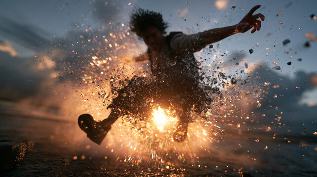 Dynamic Man Leaping Through Explosive Sparks and Water Splash