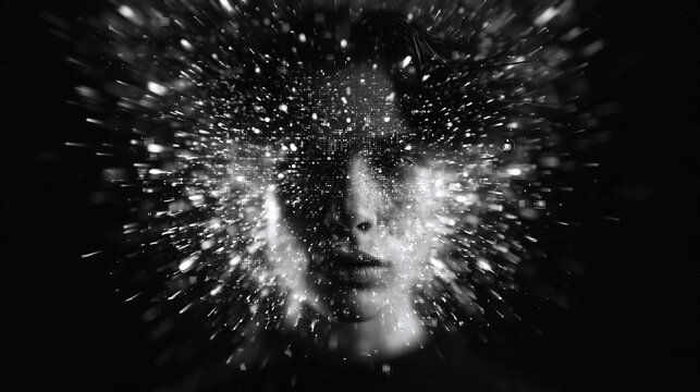 Abstract Face Dissolving into Glowing Digital Data Particles