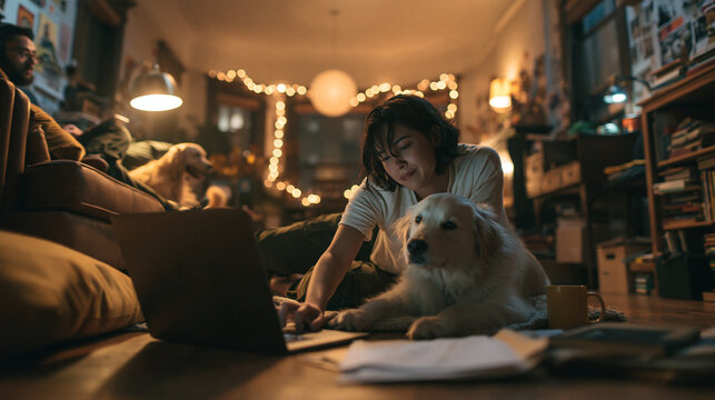 Young Woman Working on Laptop with Dog at Home