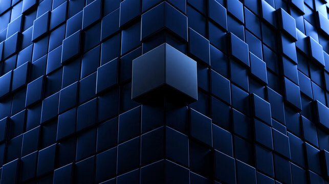 Abstract 3D Blue Geometric Cubes Background with One Protruding Block