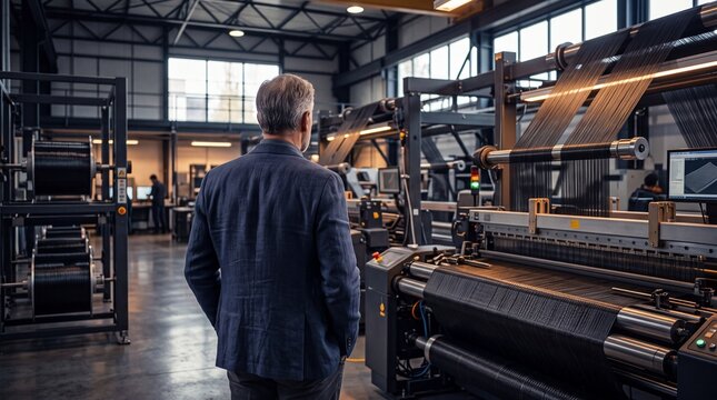 Businessman Inspecting Automated Machinery in Modern Manufacturing Factory
