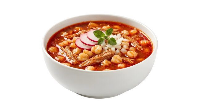 Mexican red pozole soup with hominy, pork, radish and oregano isolated on transparent background