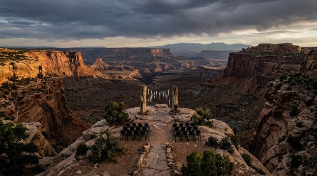 Dramatic mountain cliff outdoor wedding ceremony setup with stone pillars at sunset