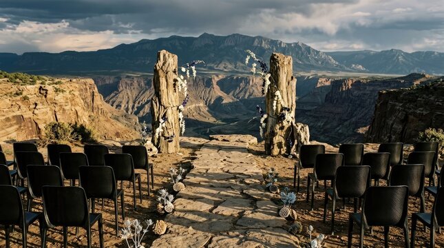Dramatic mountain cliff outdoor wedding ceremony setup with stone pillars at sunset