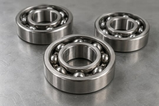 Three steel ball bearings on a gray industrial workbench
