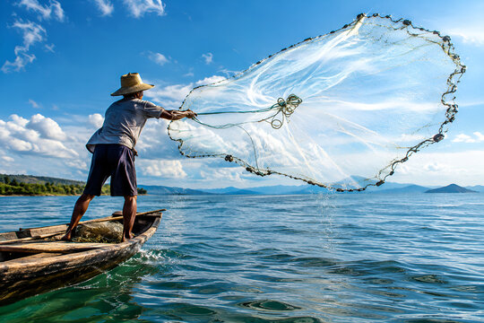 fisherman casting a large fishing net into the sea