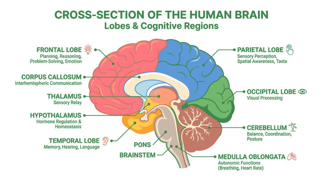 Diagram showing a cross-section of the human brain, highlighting lobes and cognitive regions. Labels identify the frontal lobe, parietal lobe, temporal lobe, occipital lobe, cerebellum, brainstem.