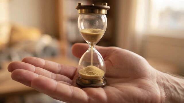 Hand Holding Small Hourglass Time Concept Home Interior