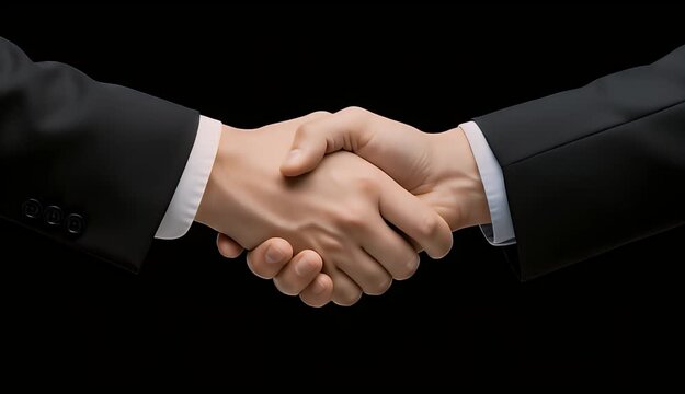 Close-up of a professional business handshake isolated on a black background, symbolizing partnership and agreement.