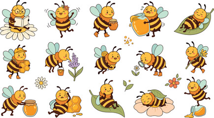 Fototapeta premium Cute honey bee cartoon character vector set featuring playful bumblebees with honey pots flowers and leaves for children sticker and educational designs
