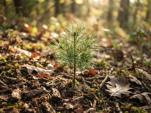 Small coniferous sapling growing in a forest soil with sunbeams young tree forest floor small pine tree planting