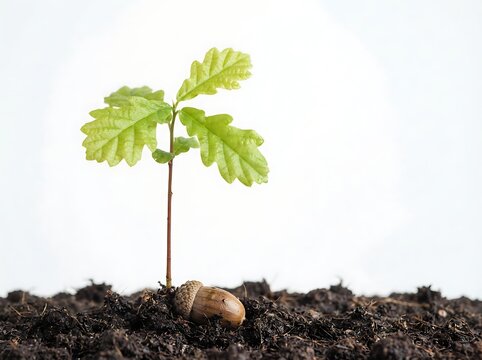 Small oak tree sapling growing from an acorn in dark soil with young tree planting earth day young plant