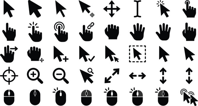 Computer cursor and mouse click icon vector set featuring black interface arrows hands and pointers for digital app and website design projects