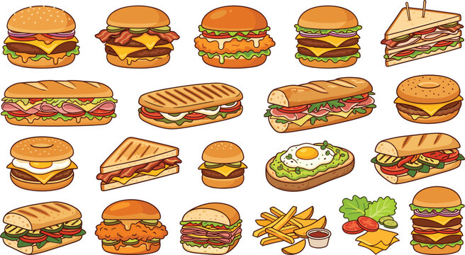 Fast food vector set featuring cartoon burgers sandwiches paninis French fries and club clubs for restaurant menu designs and food court promotional banners