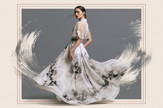 Woman in a luxurious fashion gown, featuring a unique abstract print, standing against a grey background with brushstroke elements