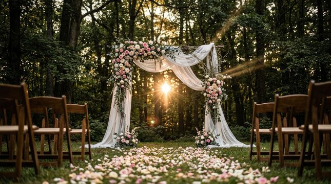 Outdoor wedding ceremony setup in forest with arch and golden hour sunlight