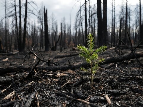 Small green pine sapling growing in a burnt forest after a wildfire with forest fire climate change pine tree