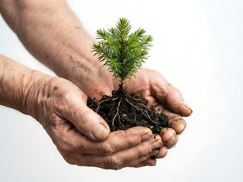 Elderly person holding a small young pine tree seedling with roots and dark soil in hands earth day protecting nature