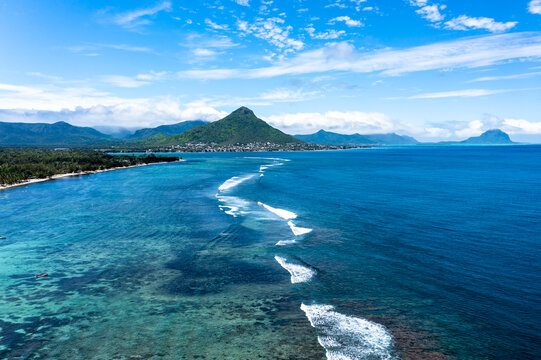 Aerial view Flic en Flac beach with waves at the Reefs, Mauritius, Africa