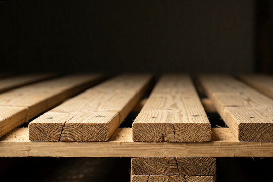 Wooden pallet slats close up in warehouse