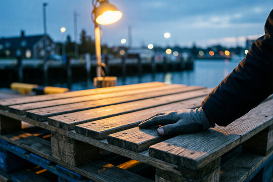 Worker touching wooden pallet at harbor during dusk