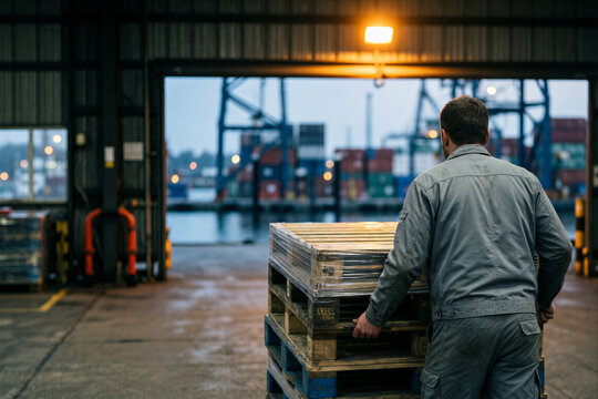 Warehouse worker pushing pallets in industrial shipping port