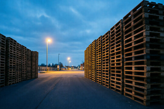 Large stacks of wooden pallets in a logistics yard at twilight