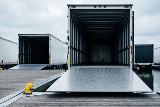 Semi truck trailers docked at a shipping facility