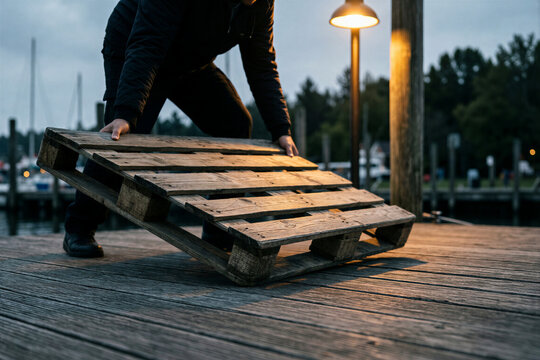 Worker lifting wooden pallet on dock