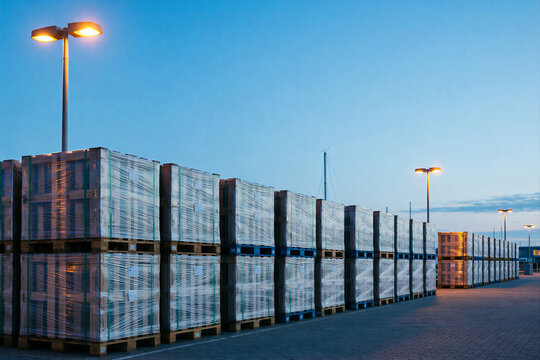 Pallets of goods stacked in an industrial yard at dusk