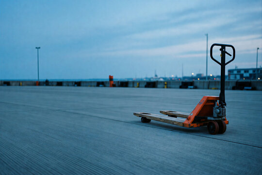 Orange pallet jack on an industrial concrete loading dock