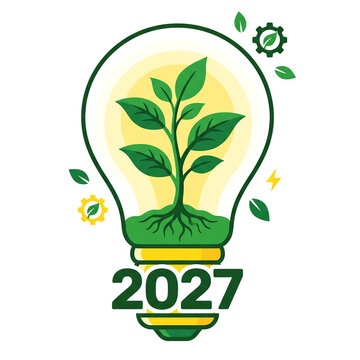 Future growth concept lightbulb with seedling illustration 2027 on transparent background