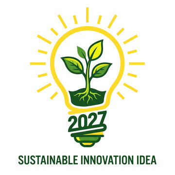 Sustainable innovation idea logo with seedling in lightbulb 2027 on transparent background