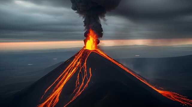 A powerful volcanic eruption with glowing lava streams flowing down the mountain under a dark stormy sky.