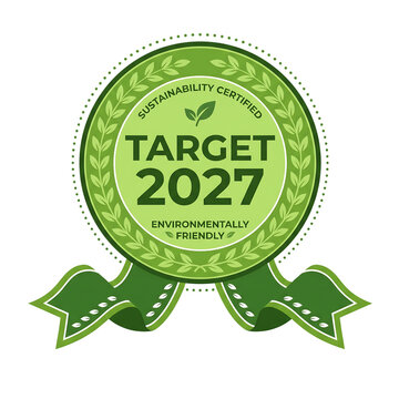 Sustainability certified target 2027 environmentally friendly badge on transparent background