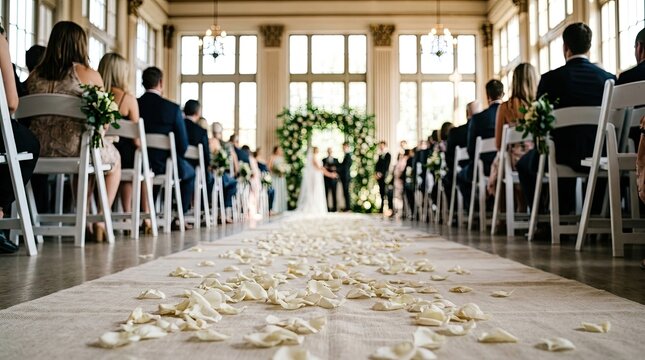 Indoor wedding ceremony with white carpet aisle and bride and groom at altar