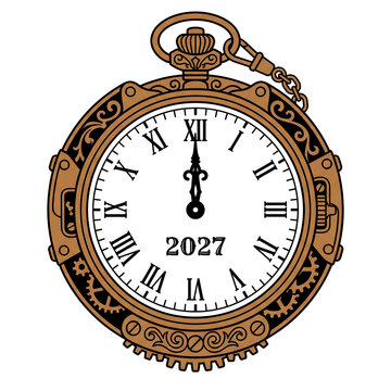Vintage pocket watch icon pointing midnight on transparent background
