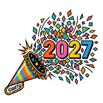 New Year 2027 party popper bursting colorful confetti on transparent background