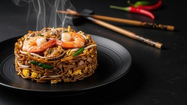 Fine dining presentation of Halal Seafood Char Kway Teow stir-fried noodles with prawns on a black plate with burnt chopsticks and dramatic negative space.