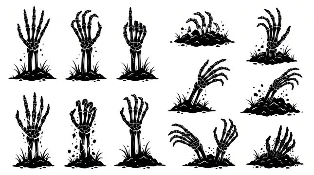Set of isolated black and white skeleton hands rising from the soil on a white background with collection illustrated skeletal