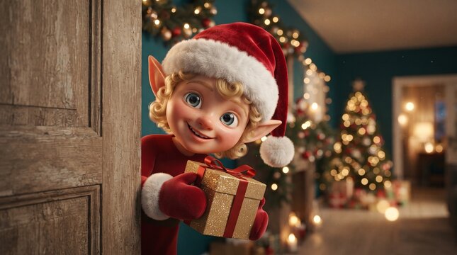 Santa's elf with gift box,realistic art photography for advertising,holiday christmas concept,creative composition from stock photos
