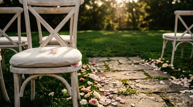 White wooden chairs and flower petal aisle for outdoor wedding ceremony