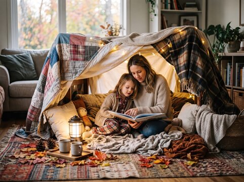 Mother and daughter reading together inside a cozy blanket tent during a warm autumn evening at home