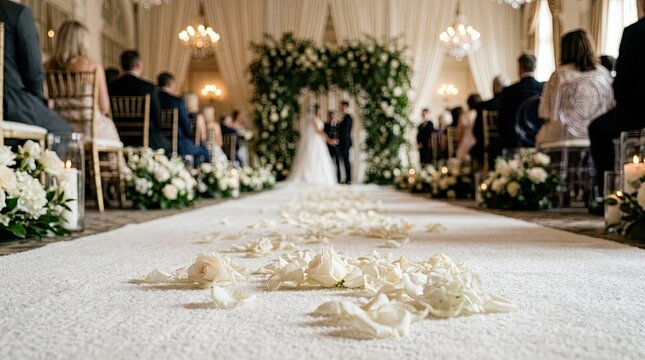 Indoor wedding ceremony with white carpet aisle and bride and groom at altar