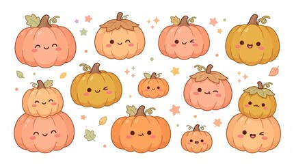 Fototapeta premium A collection of cute kawaii style pumpkins with happy facial expressions isolated on a white background for autumn design elements